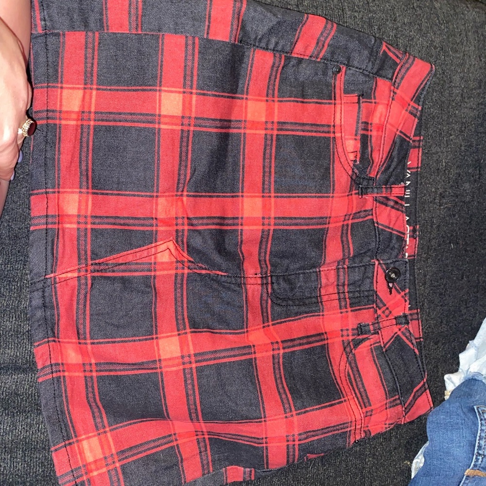 Super adorable red and black checkered jean skirt